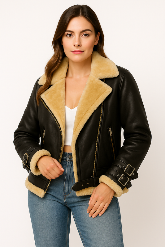 Women Black B3 Bomber Shearling Fur Aviator Sheepskin Leather Jacket