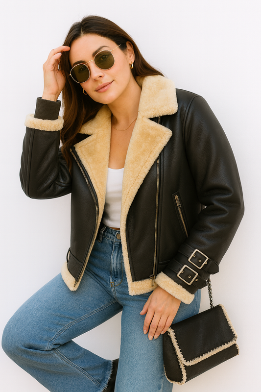 Women Black B3 Bomber Shearling Fur Aviator Sheepskin Leather Jacket