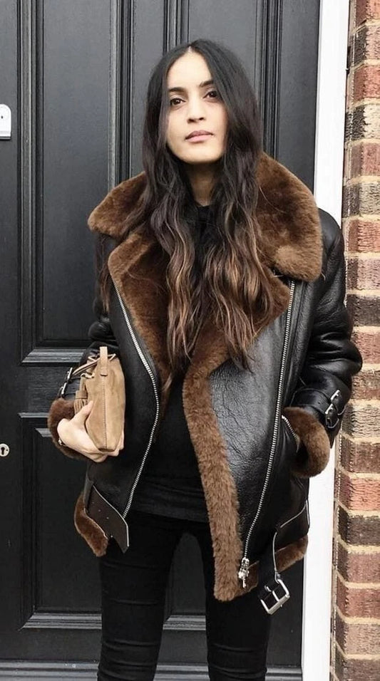 WOMEN COAT B4 BOMBER RAF BLACK AVIATOR FLYING SHEARLING LEATHER JACKET