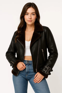 Women Black B3 Bomber Shearling Fur Aviator real Sheepskin Leather Jacket