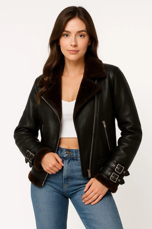 Women Black B3 Bomber Shearling Fur Aviator real Sheepskin Leather Jacket