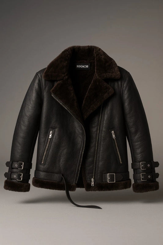 Women Black B3 Bomber Shearling Fur Aviator real Sheepskin Leather Jacket